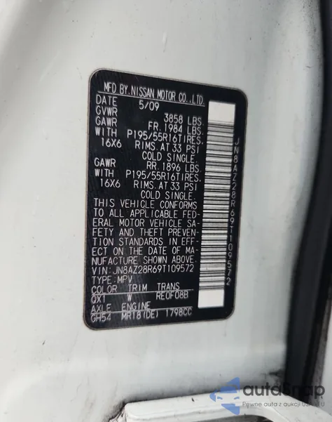 2009 Nissan Cube Base z USA, uszkodzony, nr VIN JN8AZ28R69T109572